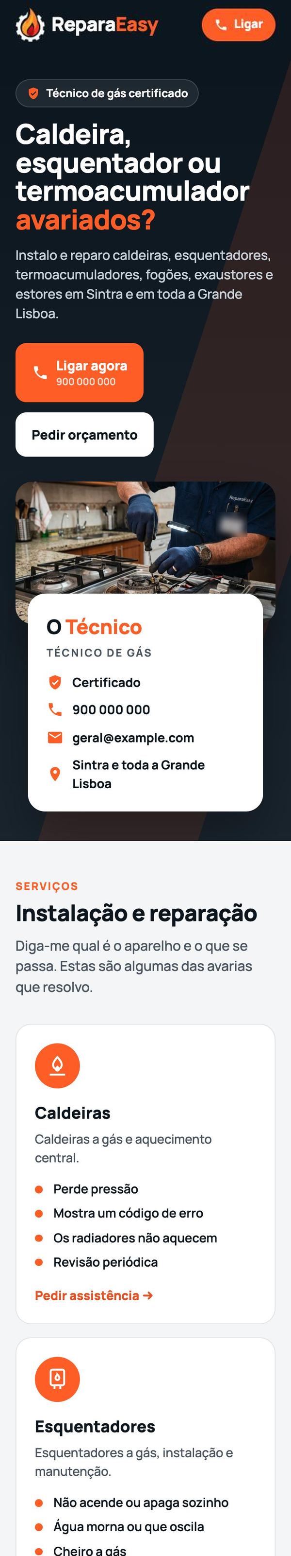 Site Técnico de gás no telemóvel